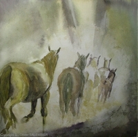 Chevaux &agrave; la sortie d'un bois